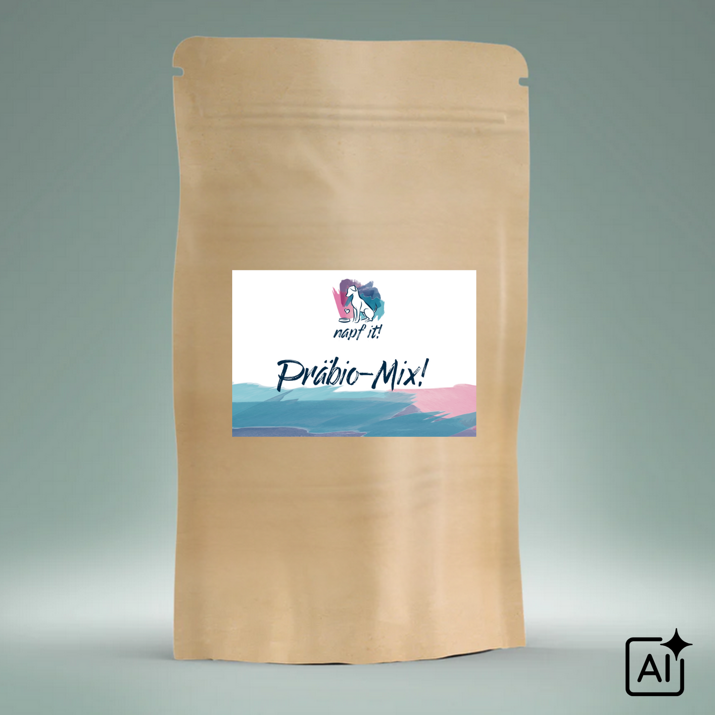 Kraftpapier-Beutel mit Präbio-Mix!-Aufdruck und buntem Logo