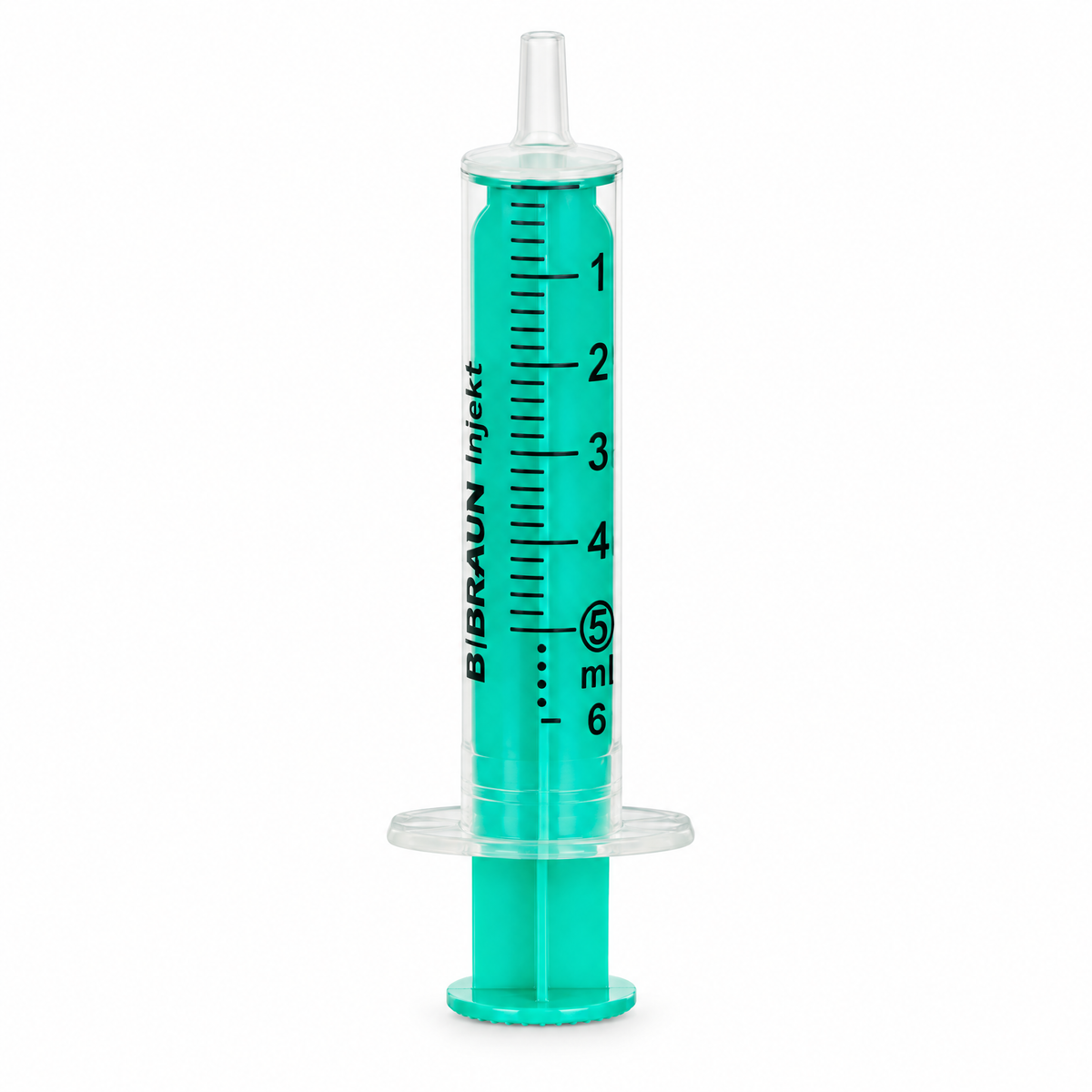 Dosierspritze mit 5‑ml Skala, transparente Spitze und grün eingefärbtem Füllraum