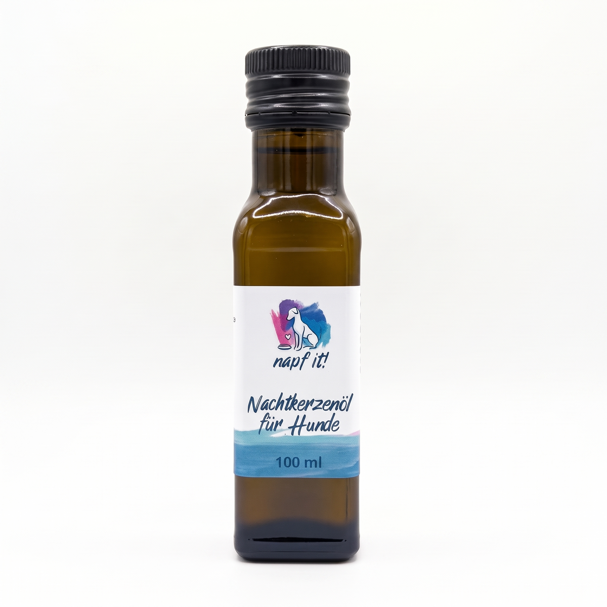 Nachtkerzenöl-Flasche für Hunde: braunes Glas mit schwarzem Schraubdeckel, 100 ml