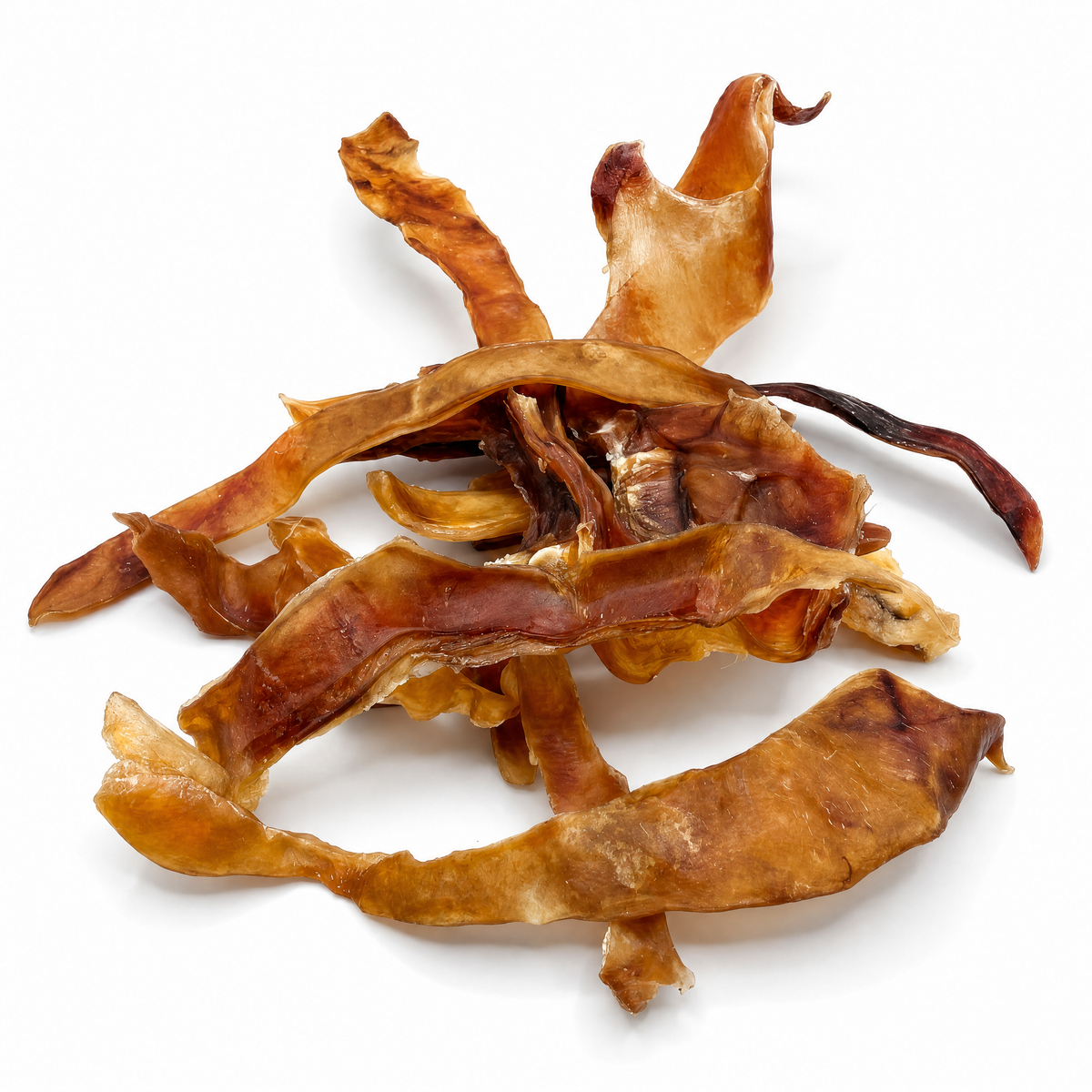 Getrocknete Schweine-Pommes, gebogene Streifen in goldbraun