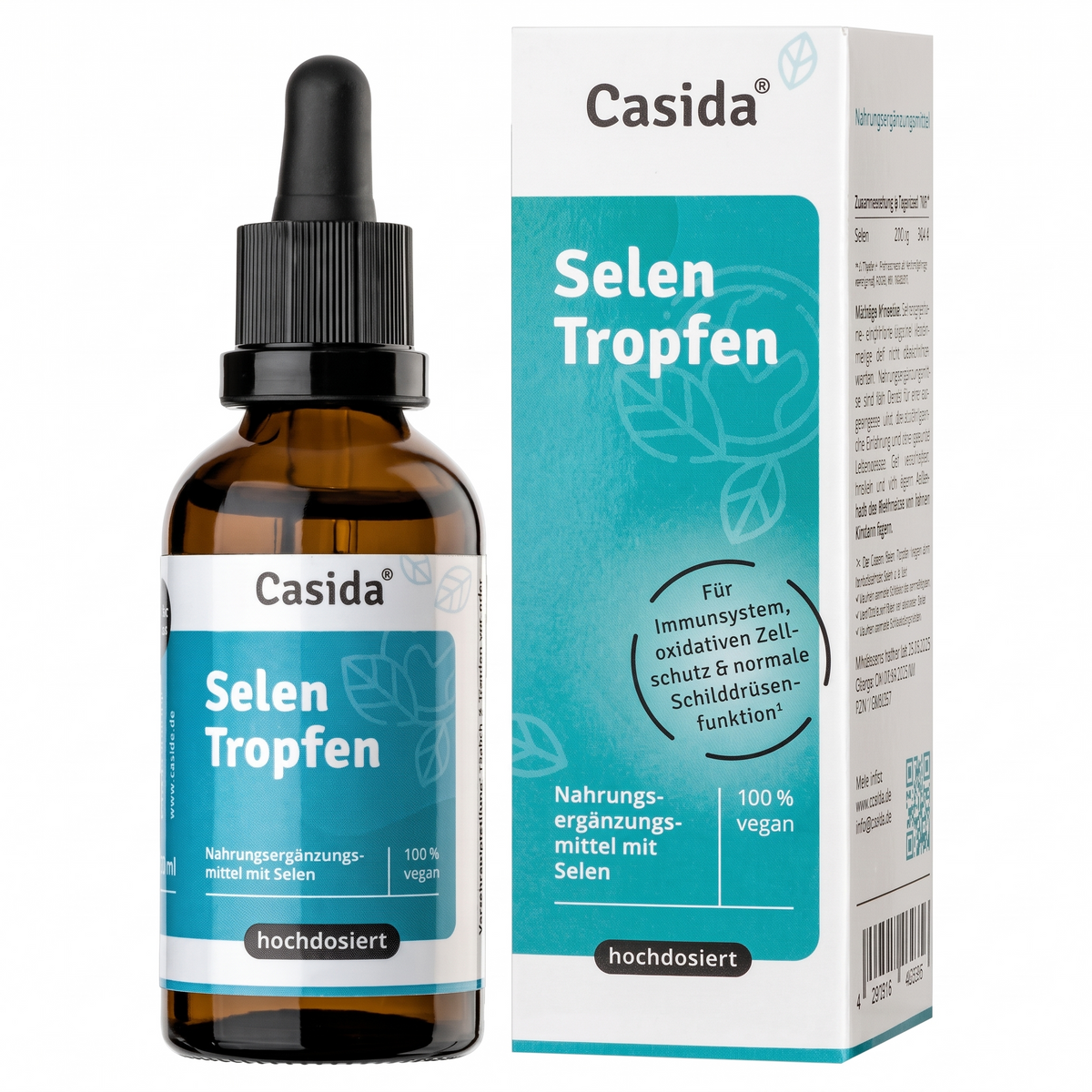 Selen-Tropfen: braune Tropfenflasche mit Pipette, dazu tealfarbene Umverpackung
