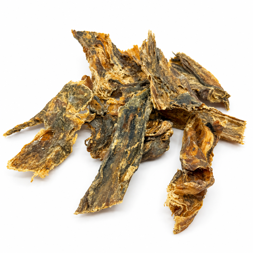 Wasserbüffel-Schlund, getrockneter Kausnack aus Rinderhaut, goldbraun, in Stückform