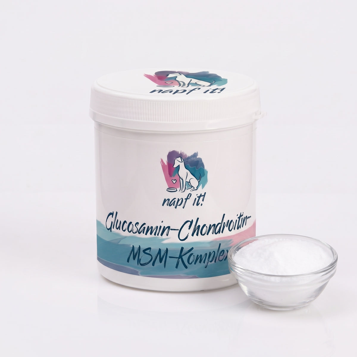 Glucosamin-Chondroitin-MSM-Komplex Pulver in Dose mit Schraubdeckel und Messlöffel