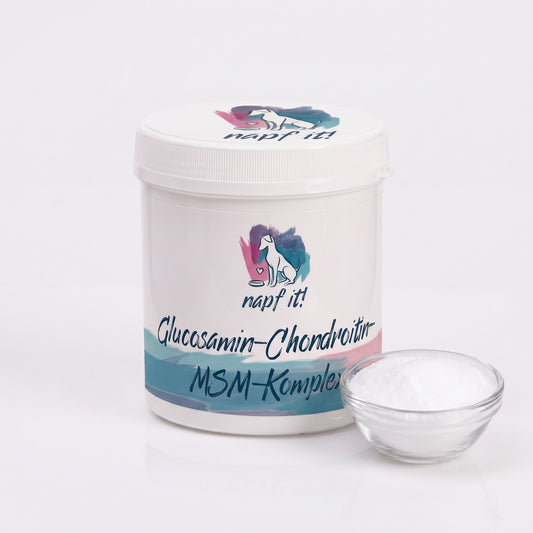 Glucosamin-Chondroitin-MSM-Komplex Pulver in Dose mit Schraubdeckel und Messlöffel