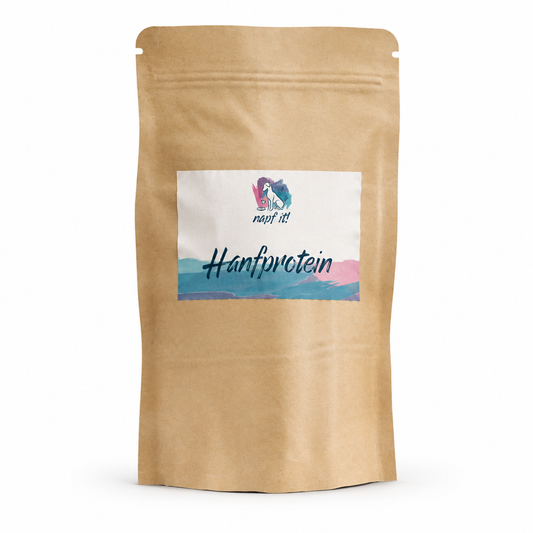 Brauner Standbodenbeutel mit Hanfprotein-Etikett