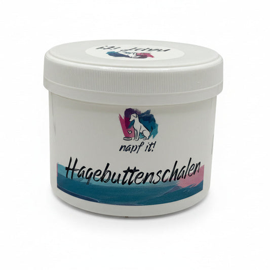 Hagebuttenschalen-Dose mit Deckel, weiß-grau, bedrucktes Etikett