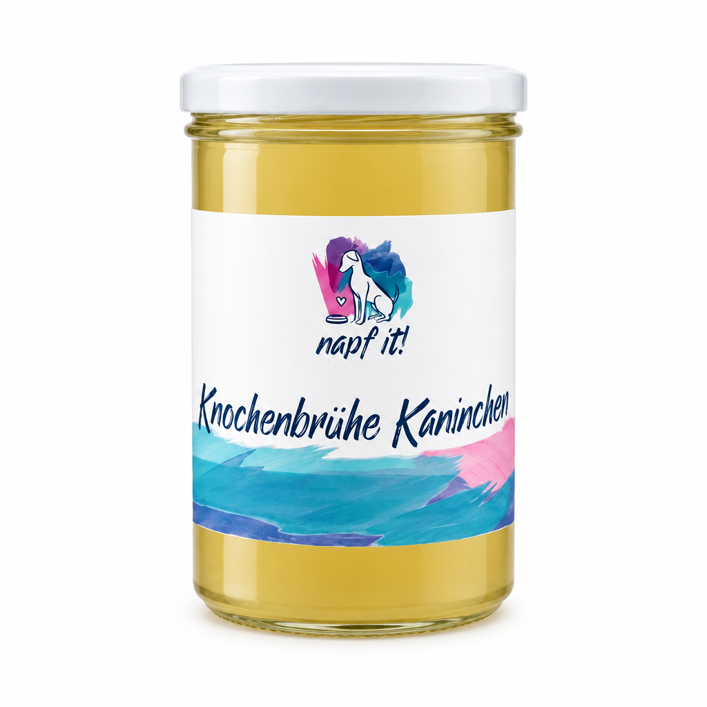Knochenbrühe im Glas: gelbe Flüssigkeit mit Deckel, Etikett mit Kaninchenmotiv