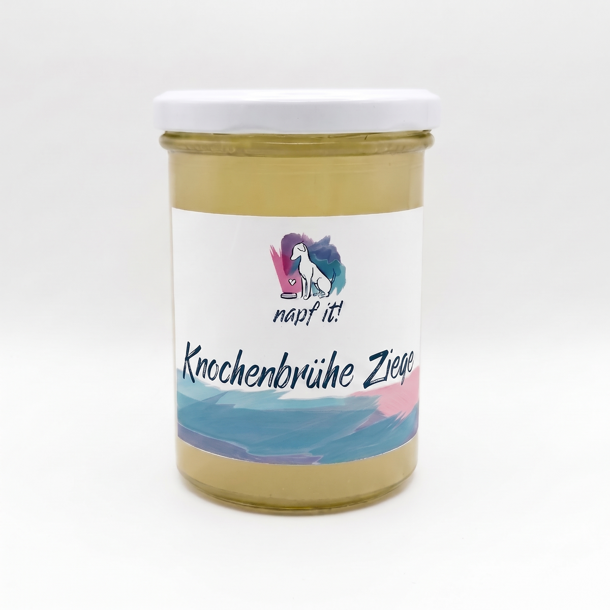 Glas mit goldfarbenem Deckel und Etikett mit Ziege-Knochenbrühe