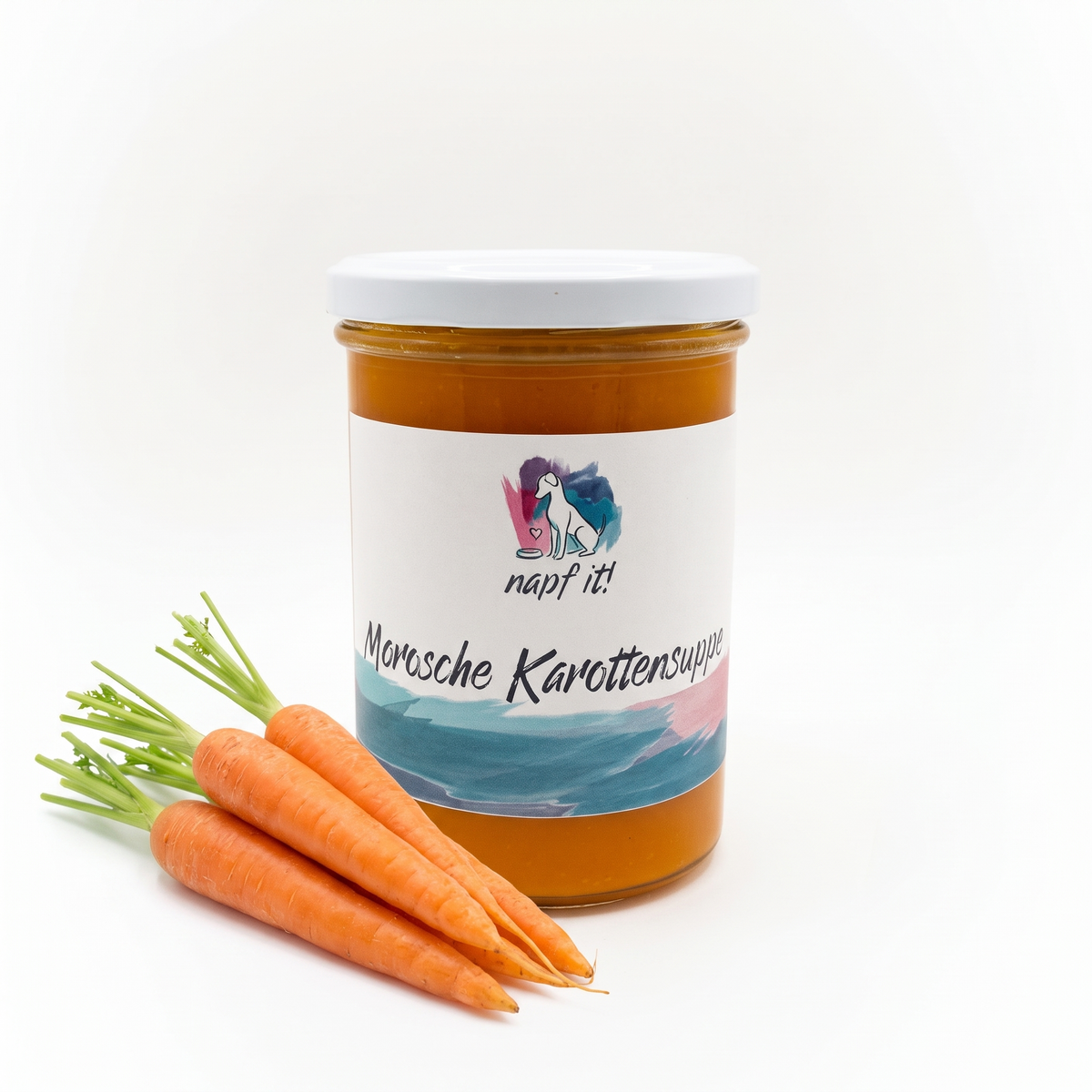 Morosche Karottensuppe im Becher mit Deckel, Aufdruck und Karotten.