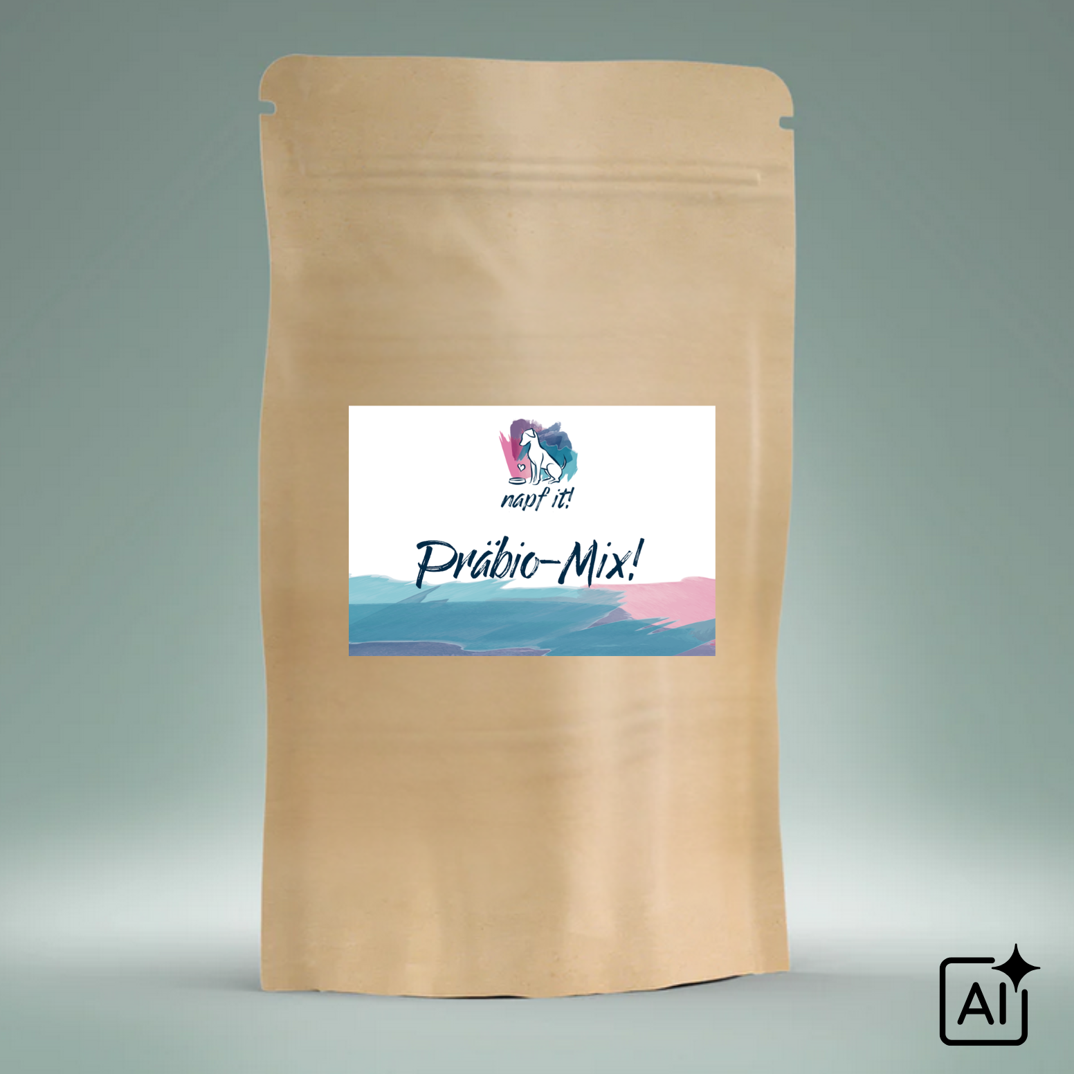 Kraftpapier-Beutel mit Präbio-Mix!-Aufdruck und buntem Logo