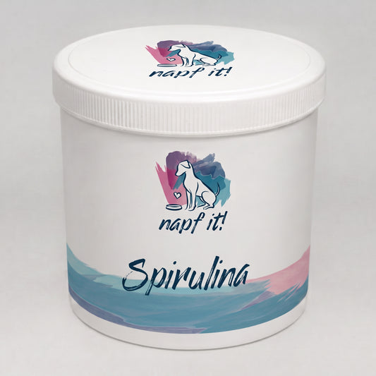 Spirulina-Dose mit weißem Deckel und Aufdruck