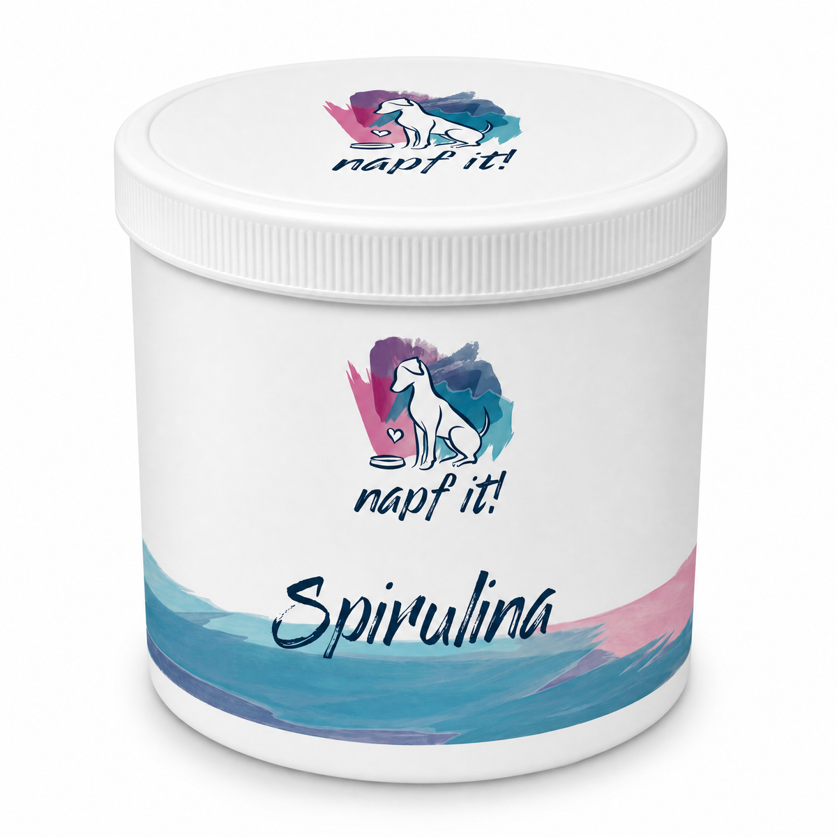 Spirulina-Dose mit weißem Deckel und buntem Aufdruck, Kübelansicht