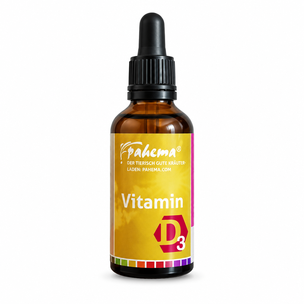 Vitamin D3 Tropfen von Pahema: braune Glasflasche mit Pipette, Etikett mit D3