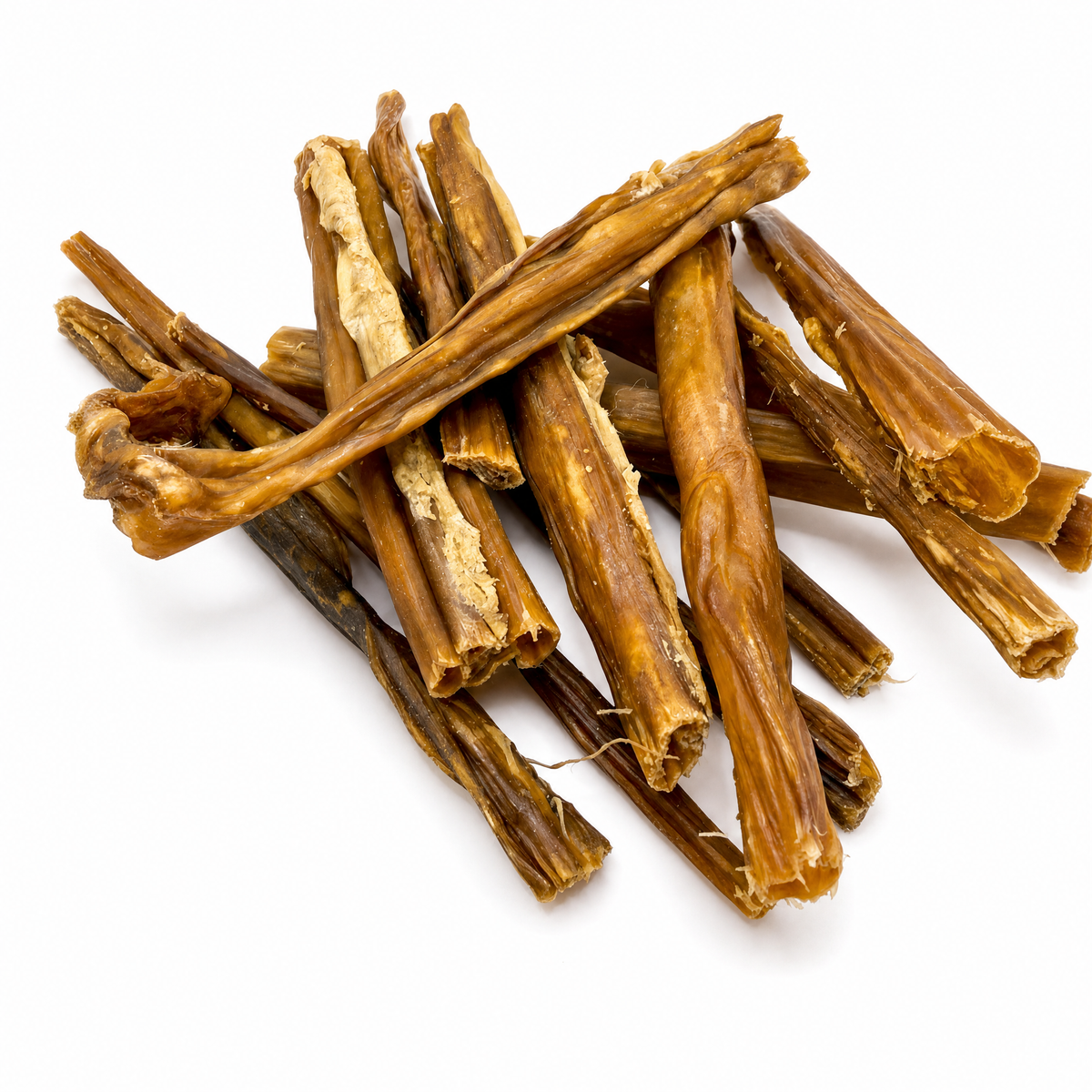 Rind-Kau-Sticks, gelblich-braune getrocknete Rinderstreifen, gebündelt