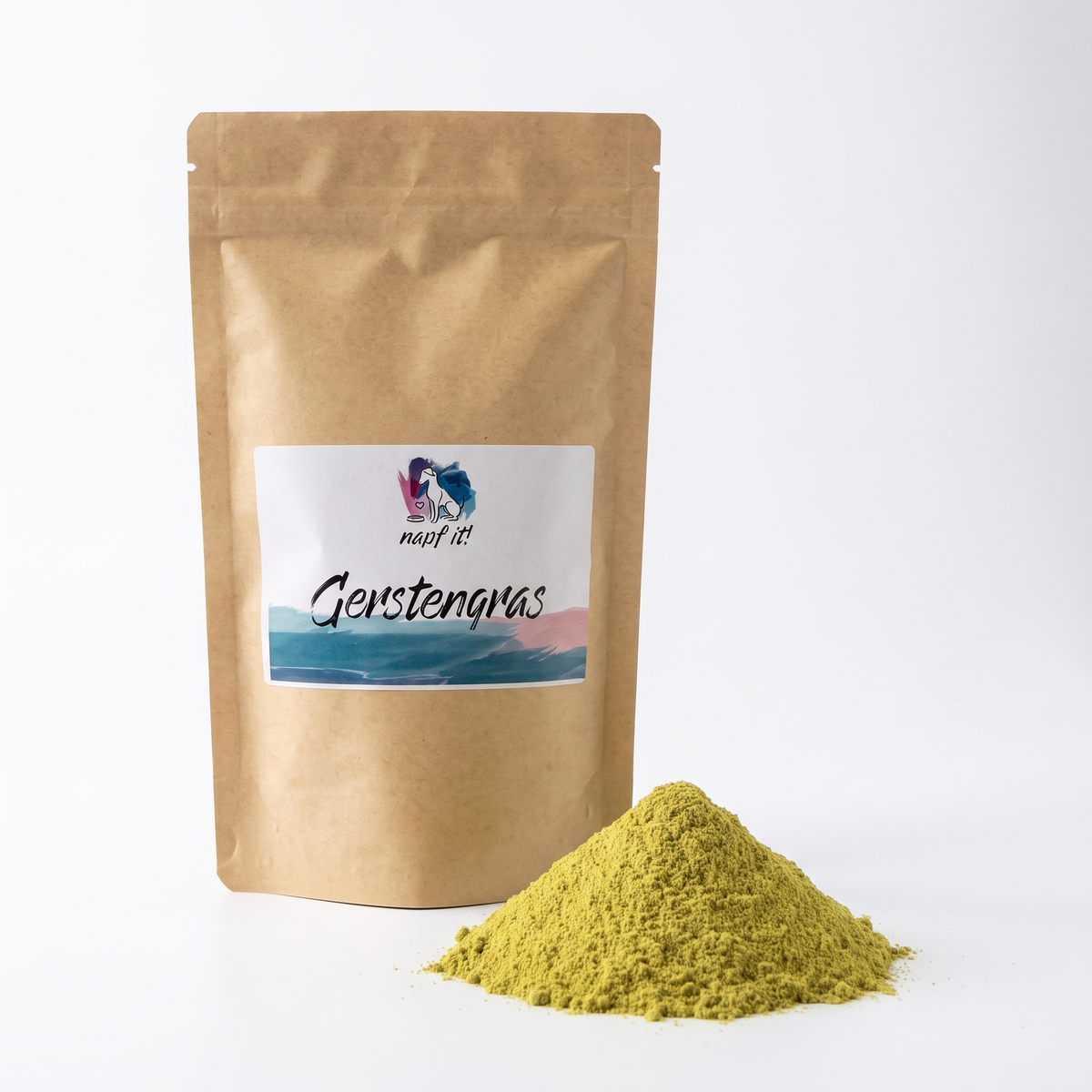 Gerstengras-Pulver im braunen Kraftbeutel, daneben loses grünes Pulver