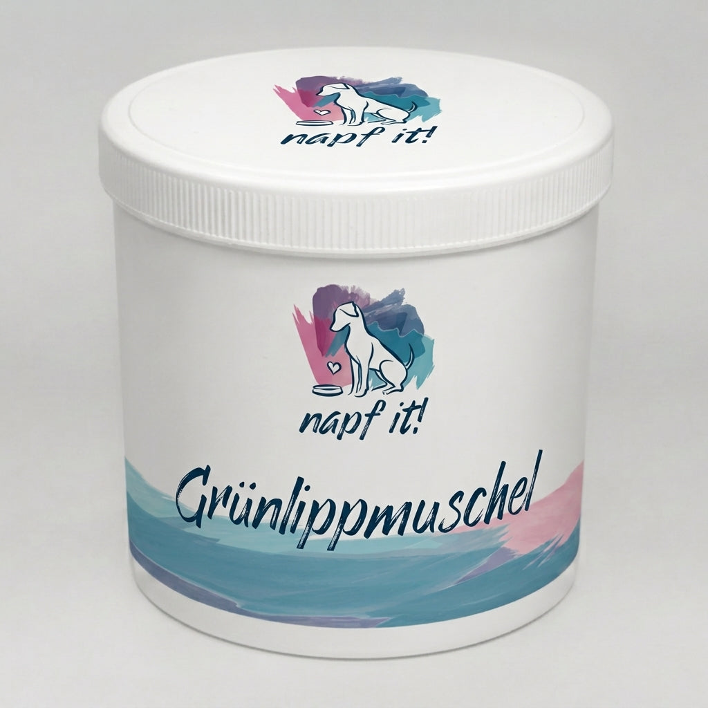 Grünlippmuschelpulver Dose mit Aufdruck und Deckel