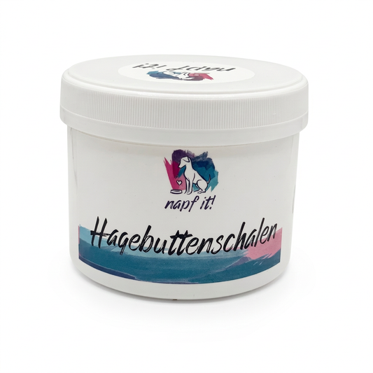 Dose mit Hagebuttenschalen, weißer Kunststoffbehälter mit Deckel und Aufdruck