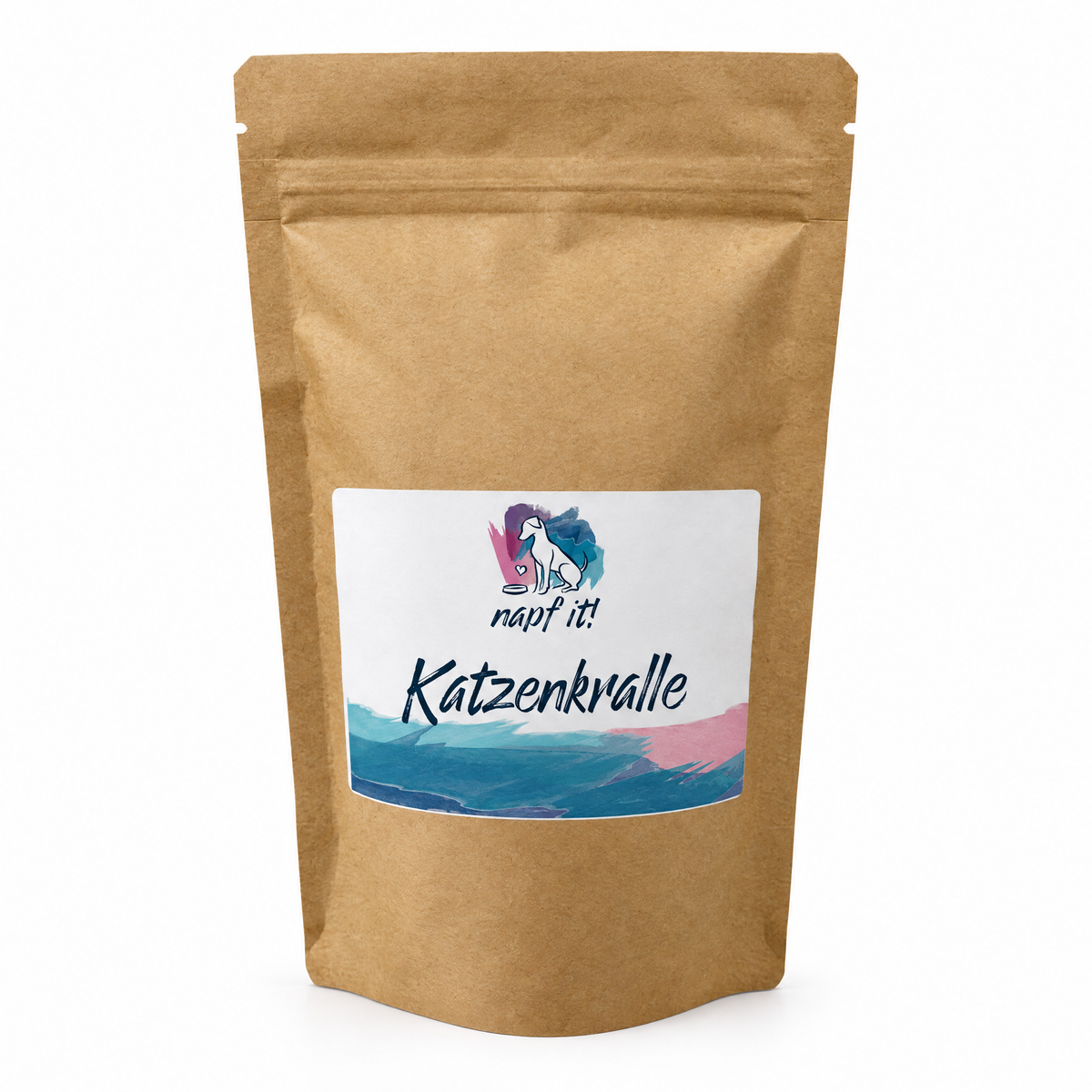 Katzenkralle in braunem Kraftpapierbeutel mit wiederverschließbarem Verschluss