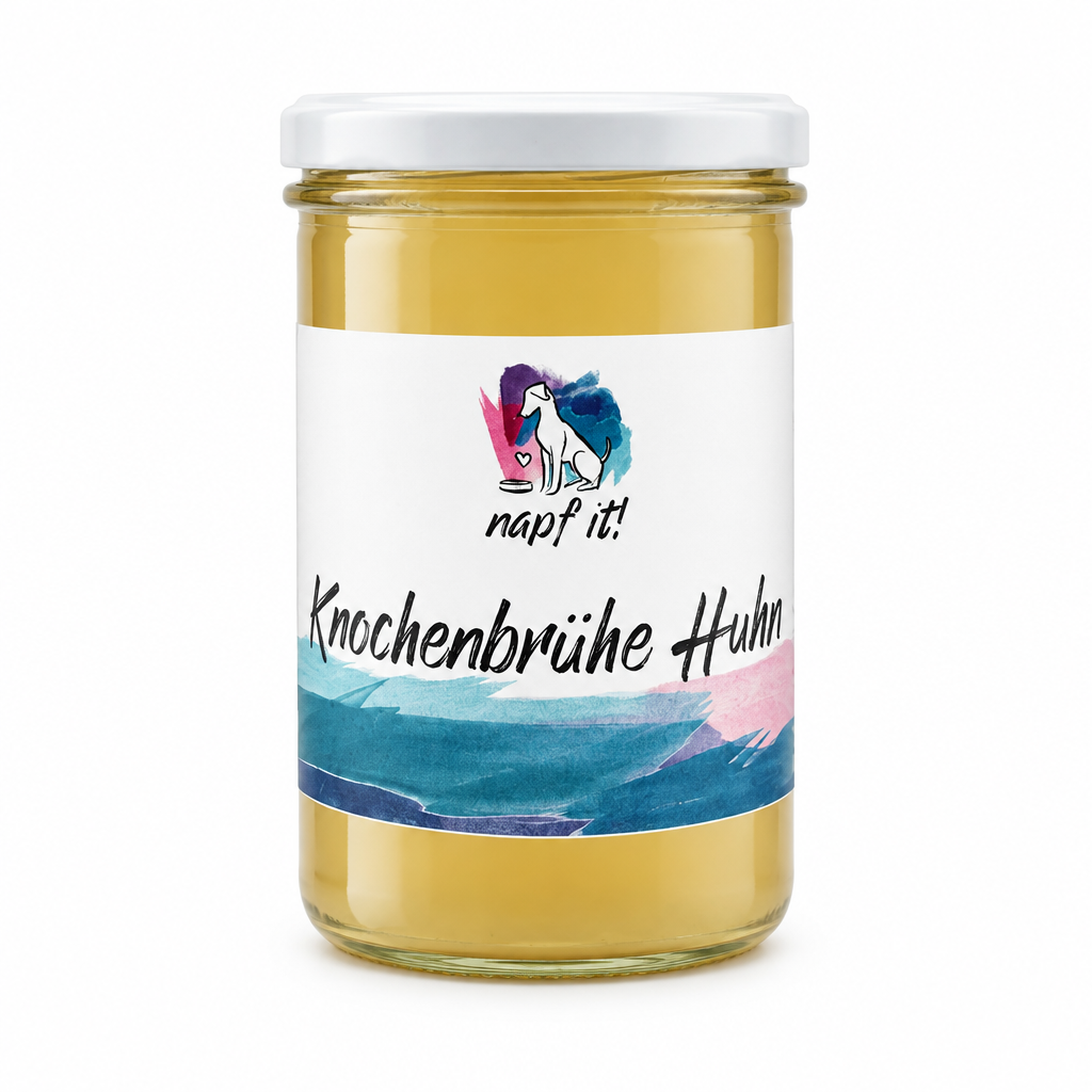 Glas-Behälter mit Knochenbrühe vom Huhn, goldgelbe Flüssigkeit, weißes Etikett