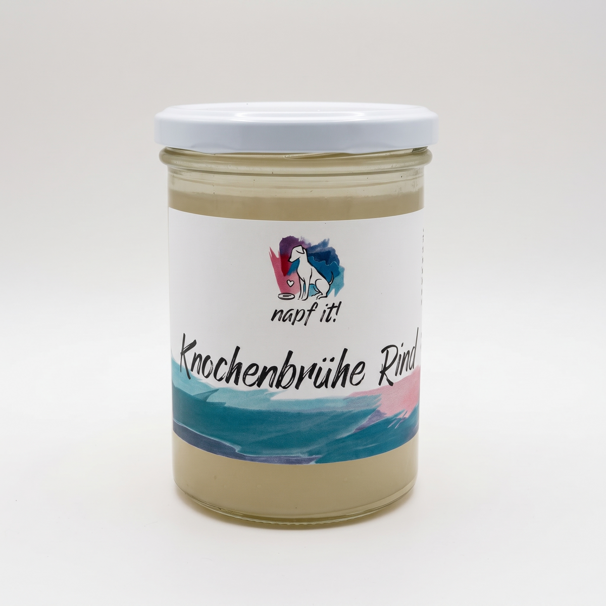Rinder-Knochenbrühe im Glas mit weißem Deckel, Etikett „Knochenbrühe Rind“.