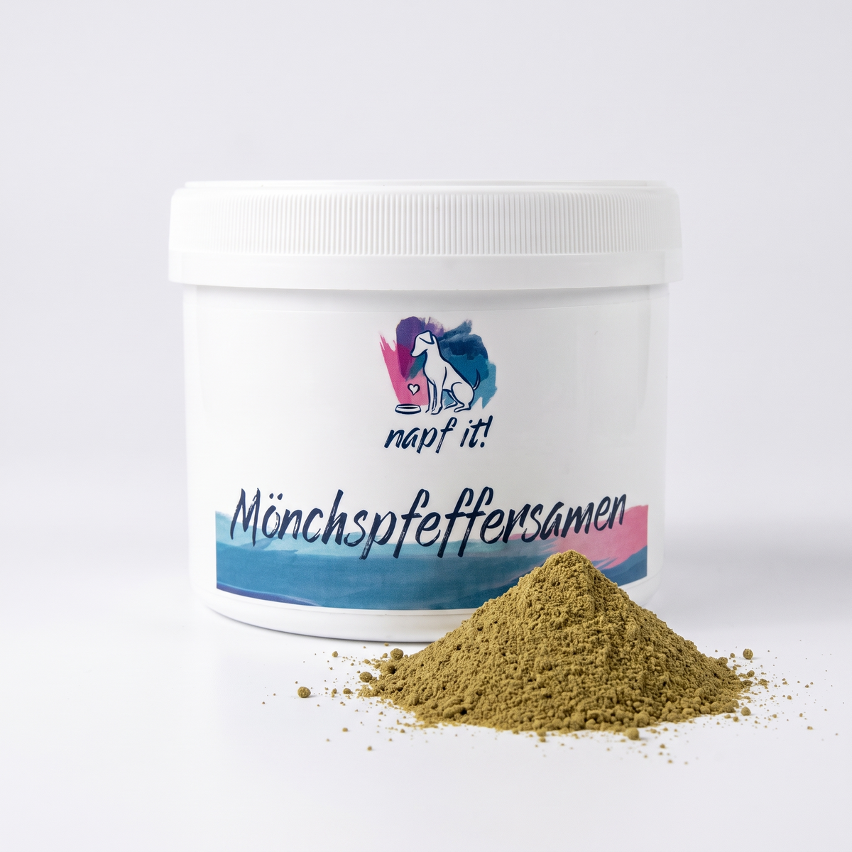 Mönchspfeffersamen in weißer Dose mit beigem Pulver auf der Oberfläche