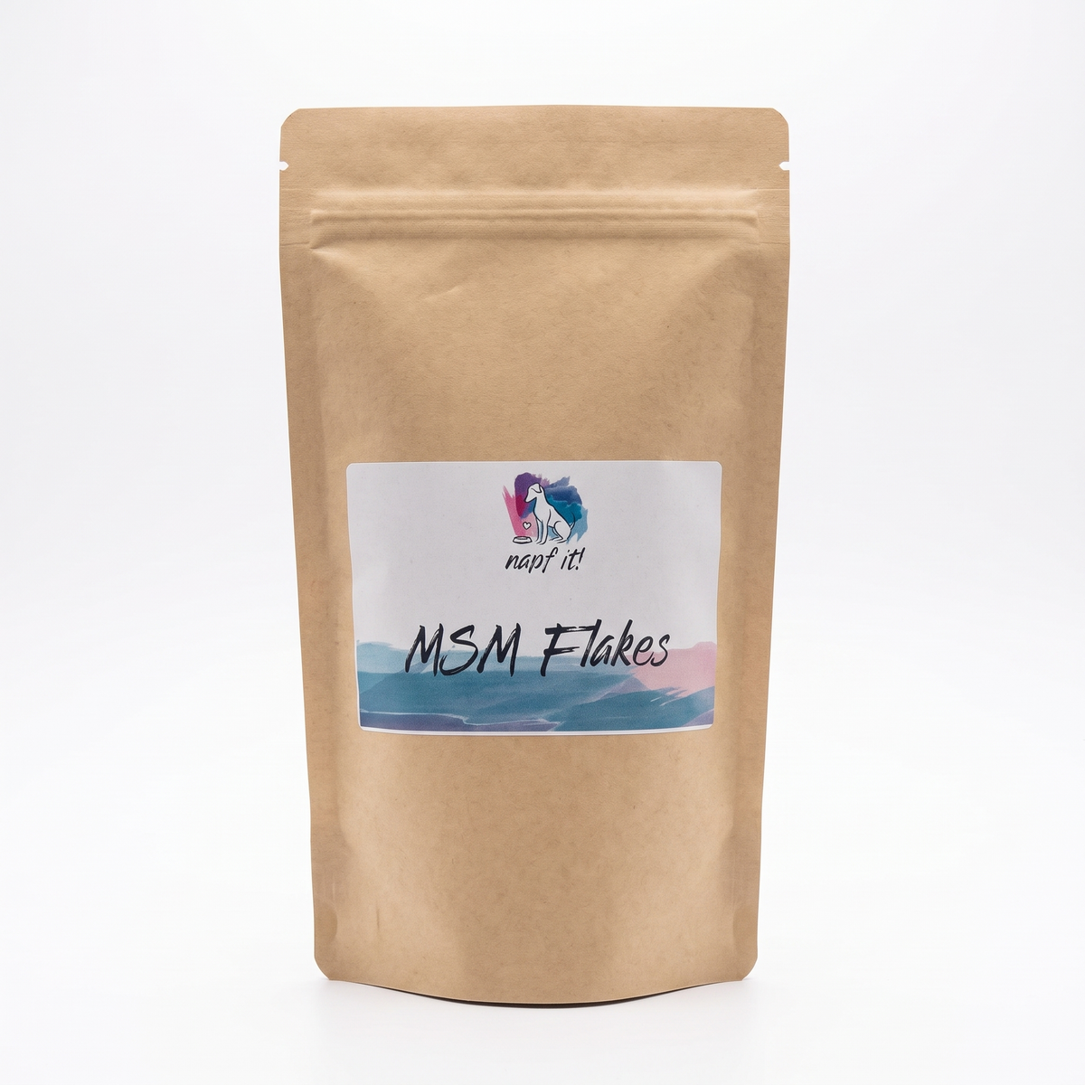 MSM-Flakes OptiMSM®: braunes Kraftbeutel mit Frontetikett