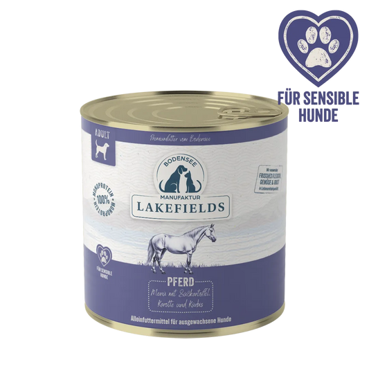 Nassfutter-Menü Dose mit Pferd, Lakefields, blau-weißer Aufdruck, beige Deckel.