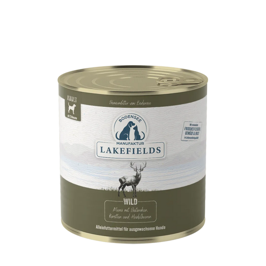 Lakefields Nassfutter-Dose mit Aufdruck „Wild“ und Hirschmotiv, zylindrische Dose