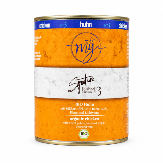 Bio-Dose mit Huhn, Süßkartoffel, Rote Bete und Apfel; goldener Deckel