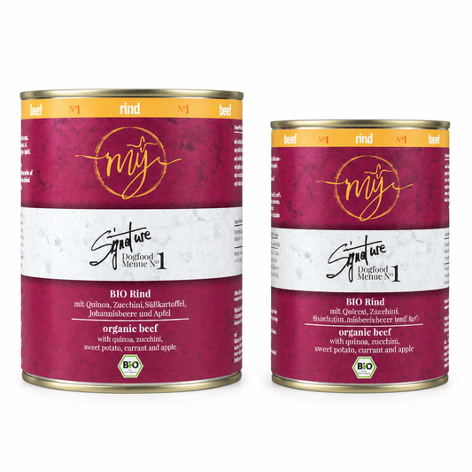 Zwei Dosen mÿ Signature Bio-Rind von Paul & Paulina, groß und klein