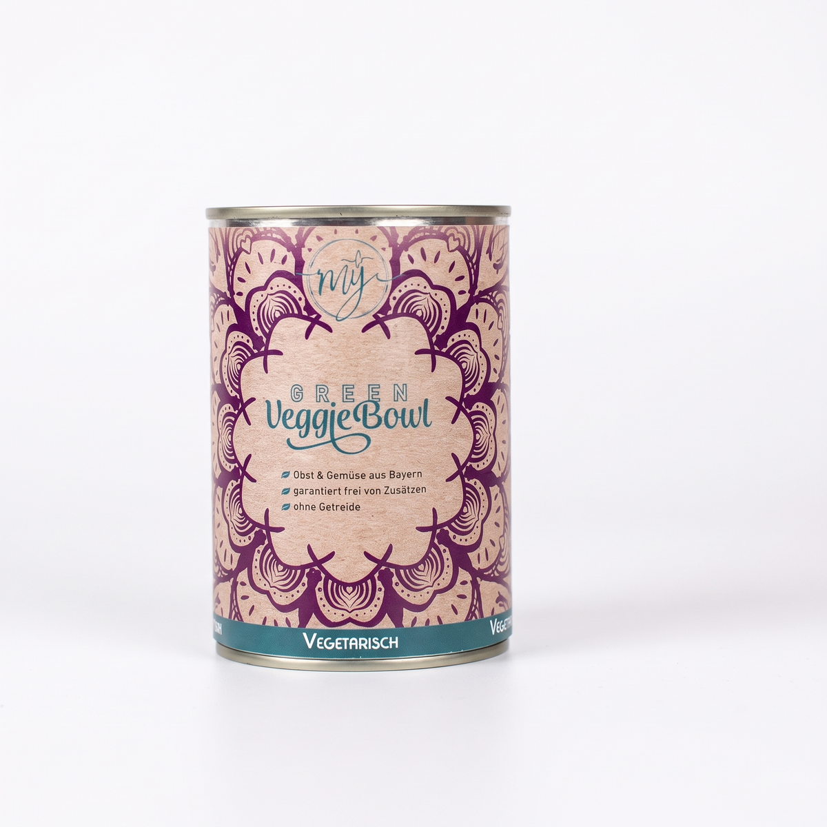 Gemüse-Bowl Dose mit lila Ornamenten und grünem Schriftzug, vegetarisch