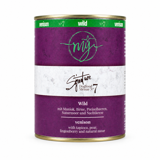 Wild-Konserve mit Rehwild, lila Etikett, goldener Deckel