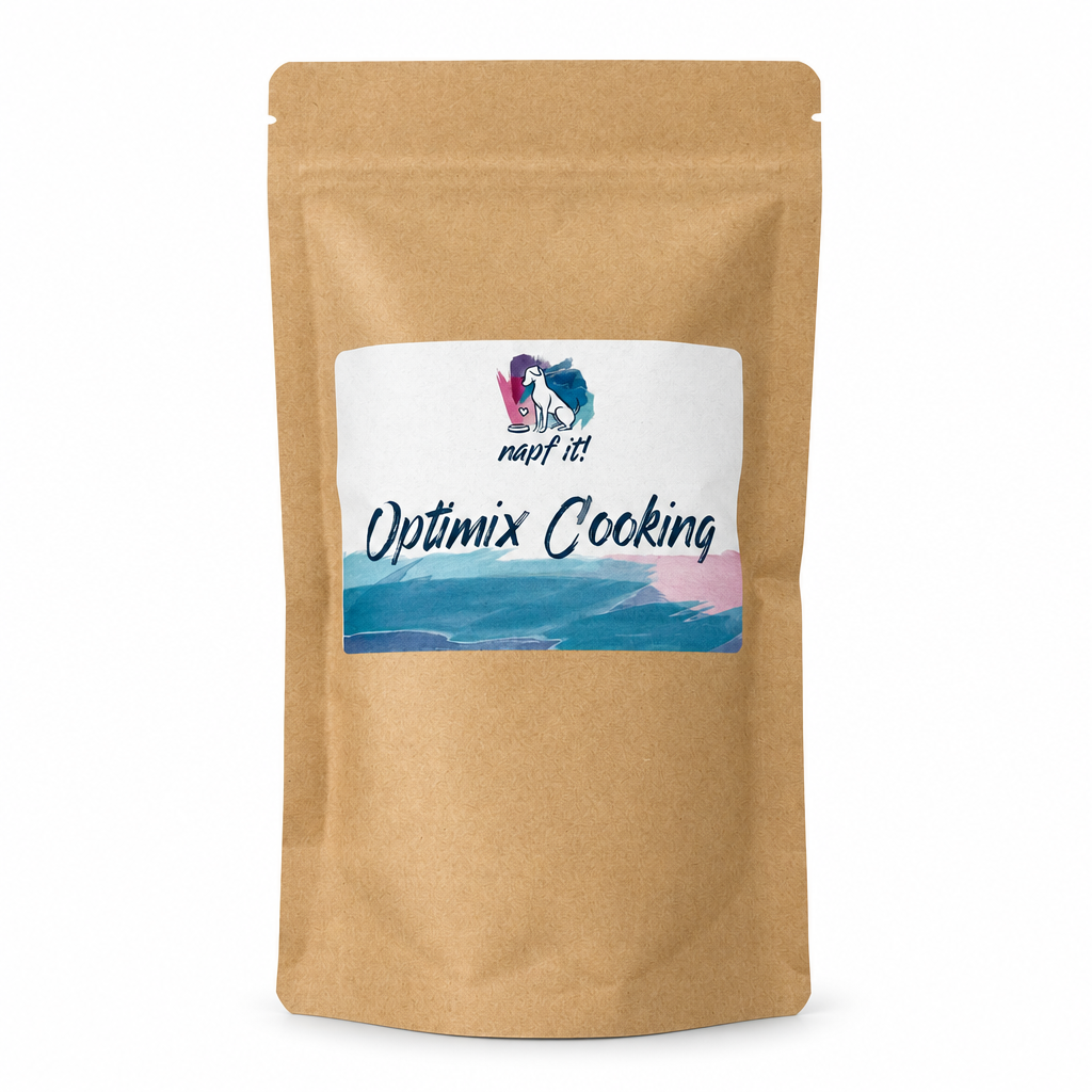 Kraftpapierbeutel mit Label „napf it!“: Optimix Cooking