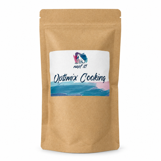 Kraftpapierbeutel mit Label „napf it!“: Optimix Cooking