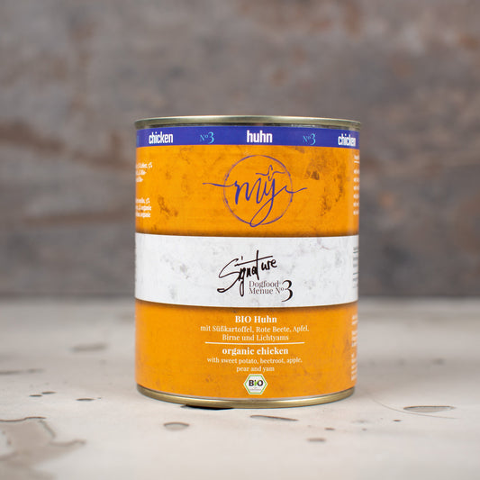 Dose Hundefutter Huhn von Paul & Paulina, orange-weißes Etikett, Bio