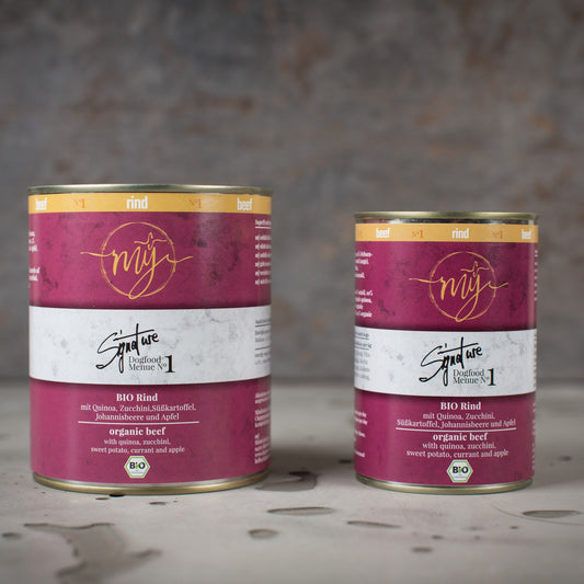 Zwei Dosen Bio-Rindfleisch von mÿ Signature Rind, 410 g und 820 g