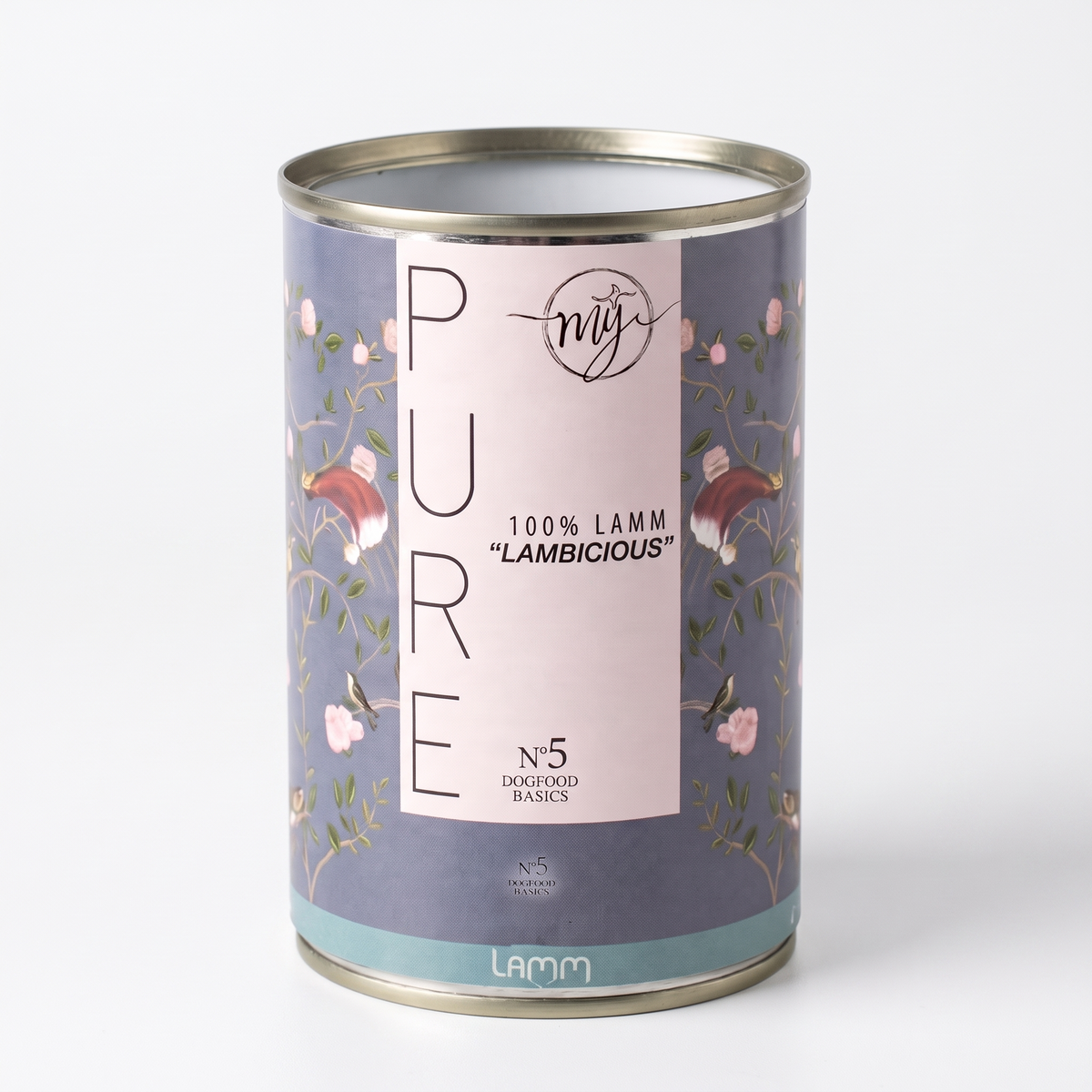 Metall-Dose mit Lamm-Futter, Blumenmuster und Aufdruck „PURE 100% LAMM“.
