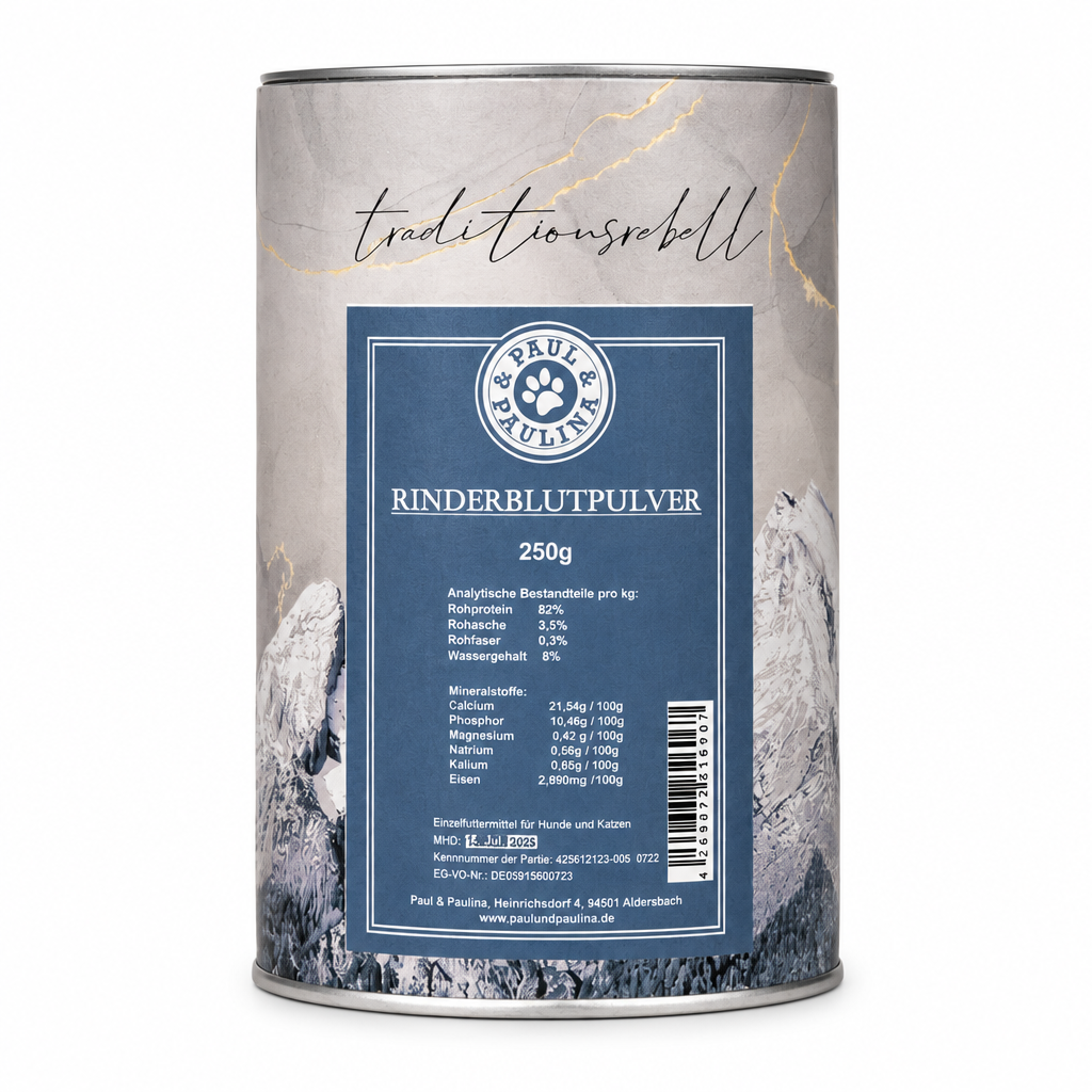 Rinderblutpulver in Metall-Dose mit blauem Etikett und Nährwertangaben