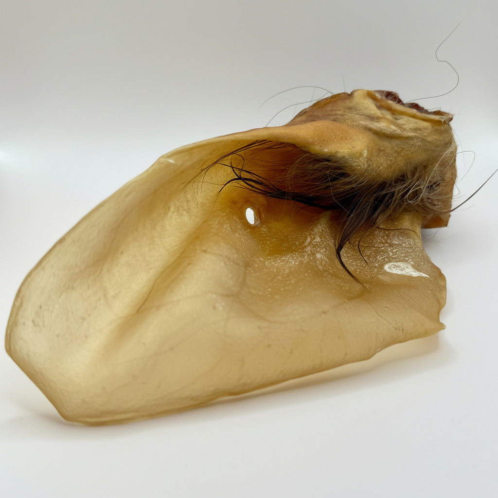 Rinderohr mit Muschel, hellbeige und braune Haarreste