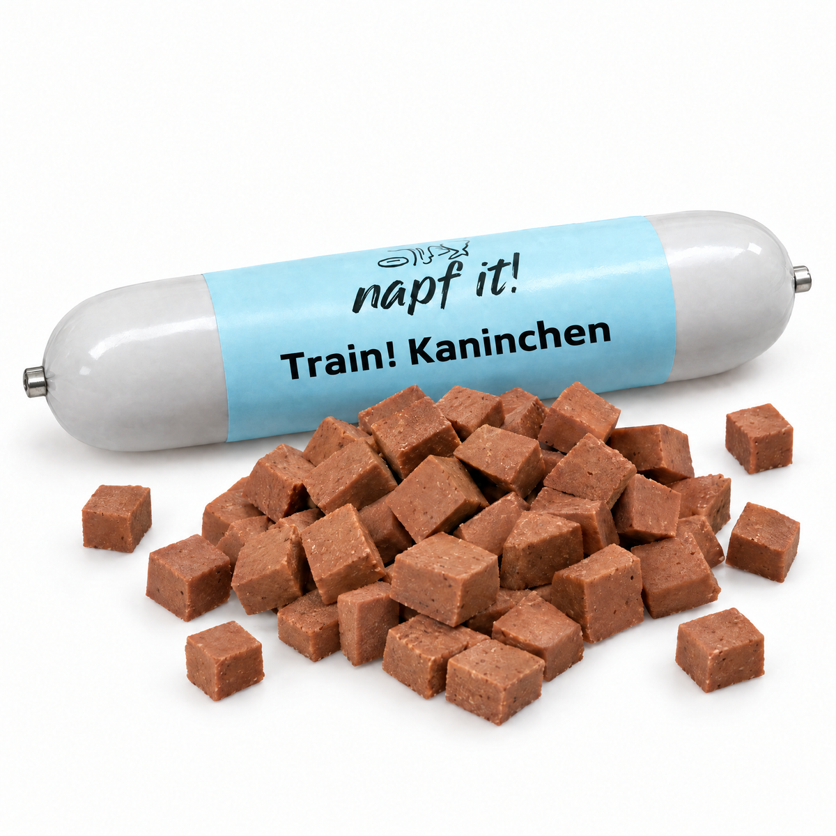 Trainingswurst-Rolle mit blauer Etikette und Kaninchen-Würfelchen zum Trainieren