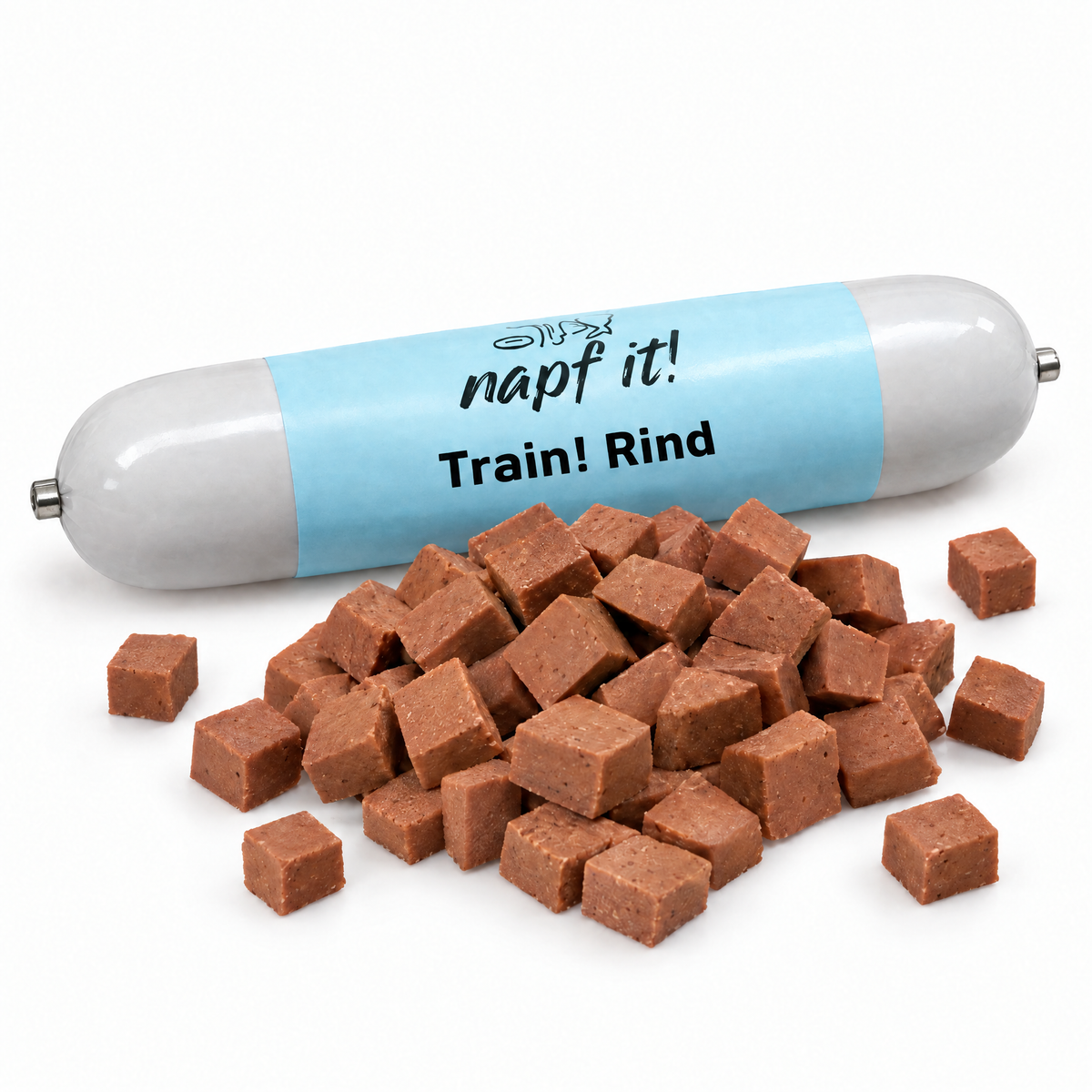 Trainingswurst-Rolle mit blauer Rind-Label und Würfel-Leckerbissen