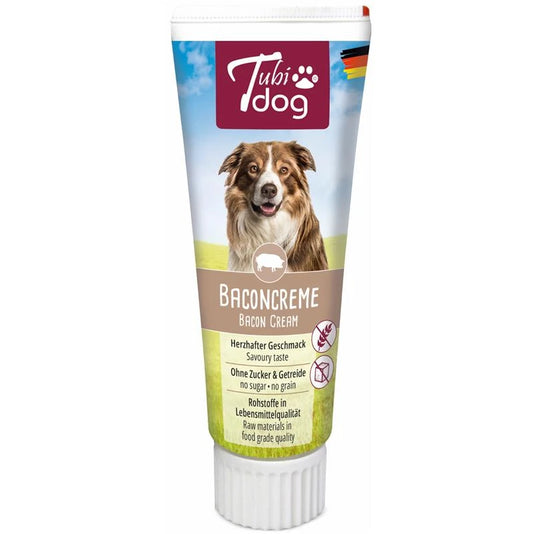 TubiDog Baconcreme Quetsch-Tube für Hunde, weiße Tube mit Baconcreme-Etikett