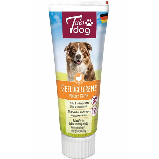 TubiDog Geflügelcreme im weißen Tubenbecher mit Hundemotiv