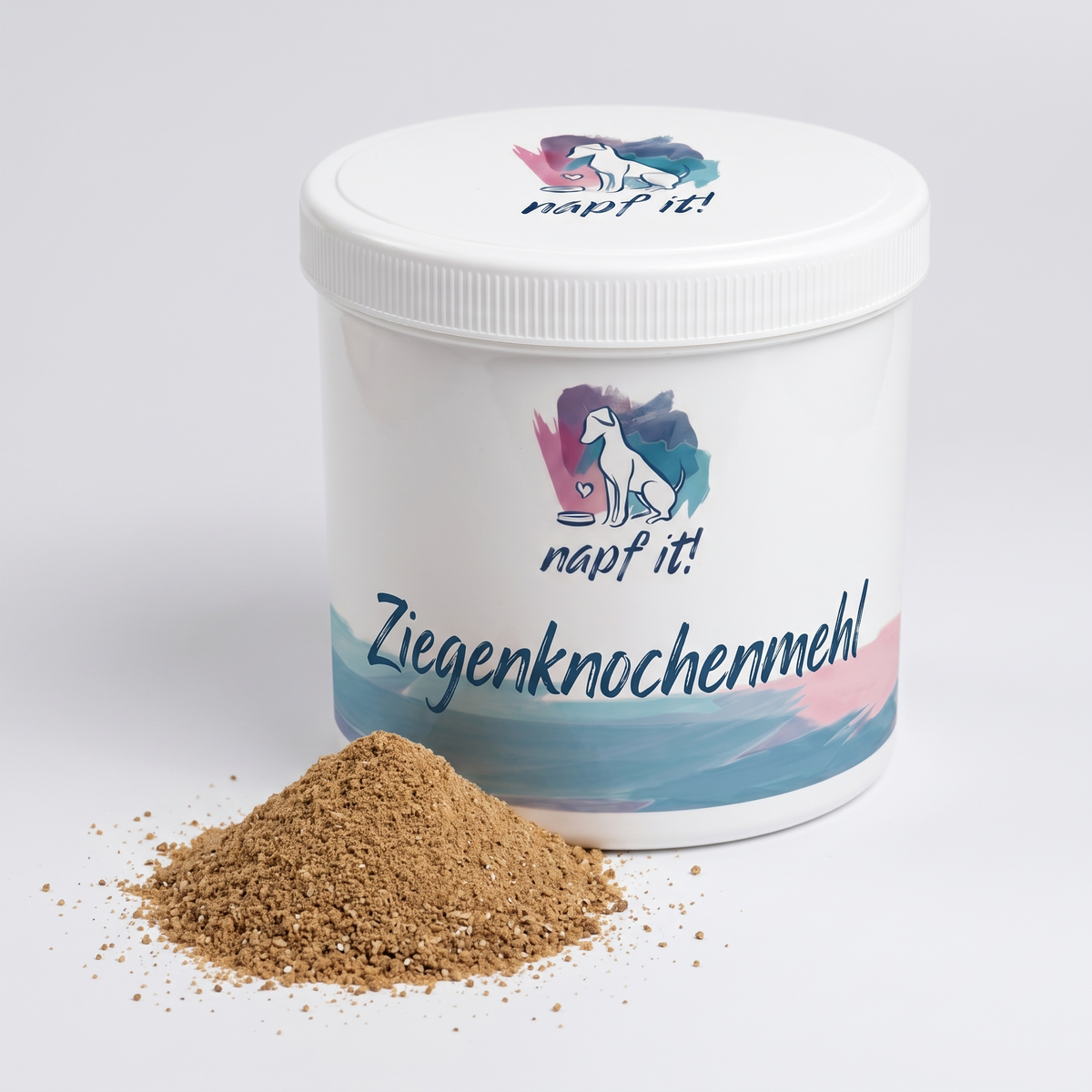 Dose mit Ziegenknochenmehl und losem beigem Pulver, Kunststoffdeckel
